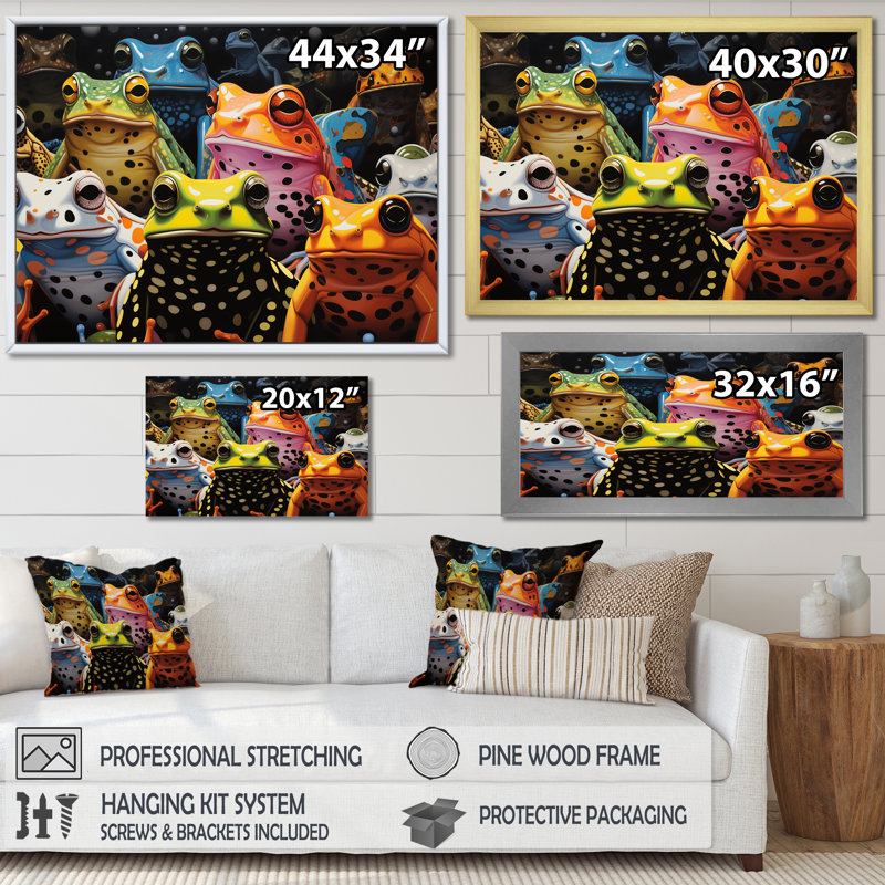 Multicolore grenouilles Pop Art, H 30 po x l 40 po x P 1,5 po, Cadre simple blanc