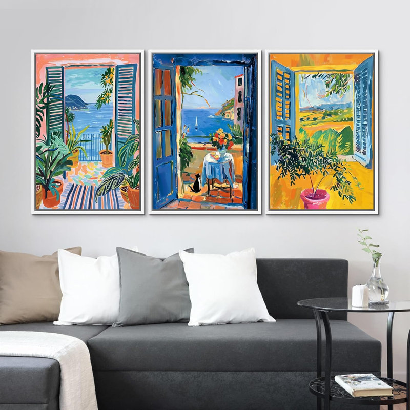 "Fenêtre ouverte vibrante avec vue sur un paysage méditerranéen, décor moderne, calme minimal, détente douillette pour la chambre à coucher" 3 pièces