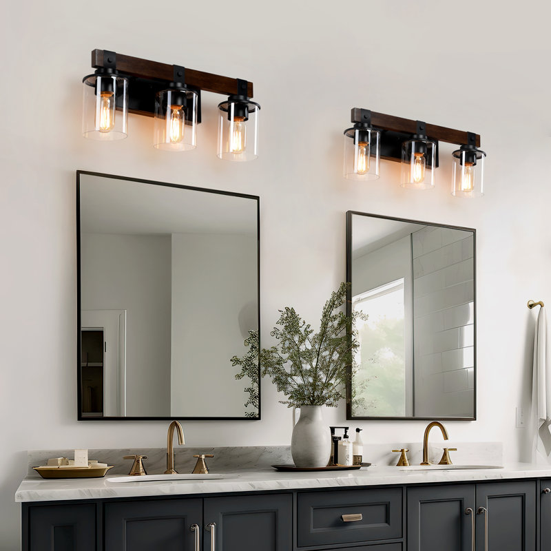 Miroir de salle de bain 3 lumières à intensité variable avec abat-jour en bois et verre DAKAFUL, 3