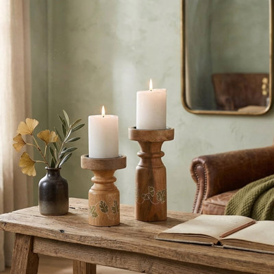 Set of 2 Mango Wood Pillar Candle Holders with Iron Plates