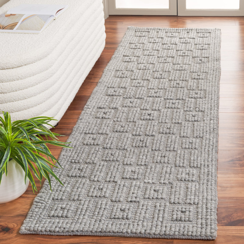 Tugrul Hand Woven Wool/Pet Wool/Cotton Geometric Rug in Gray, Runner 2'3" x 8'