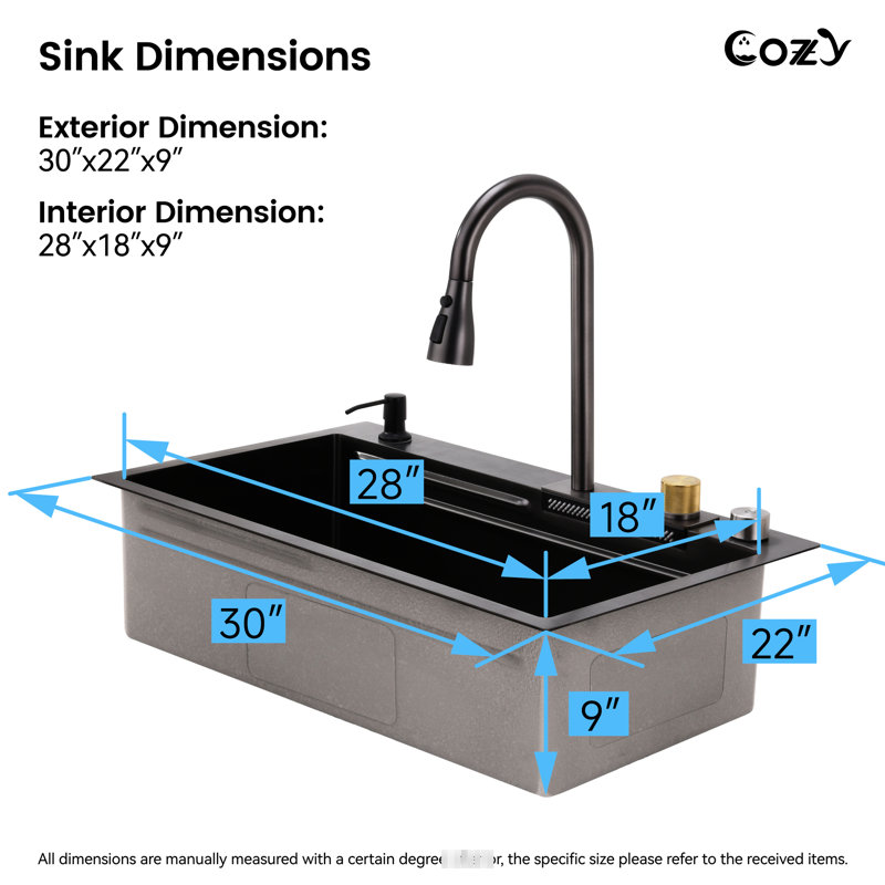 30" X 22" Kitchen Sink In Black Stainless Steel - Handmade With Functional Workstation Design Modern Black, Space Advantage