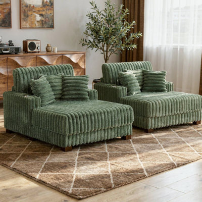 Upholstered Green Faux Fur Chaise Lounge Sofa Bed Couch with Cup Holder and Throw Pillows (Set of 2)