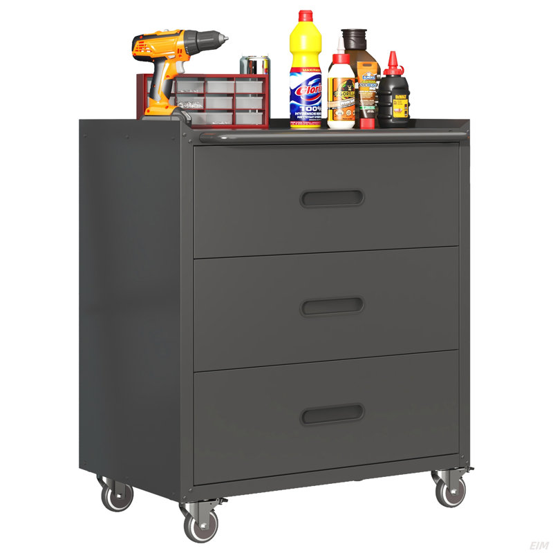 Heavy-Duty Metal Storage Cabinet With Wheels - 3 Drawer Tool Cabinet For Garage, Office, And Home Organizer Solutions, Black/Gray (Cabinet)