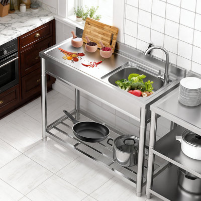 Évier utilitaire en acier inoxydable, évier sur pied à une cuve avec robinetterie d'eau chaude et froide, évier professionnel pour cuisine, buanderie, salle de bain, cuisine, intérieur et extérieur.