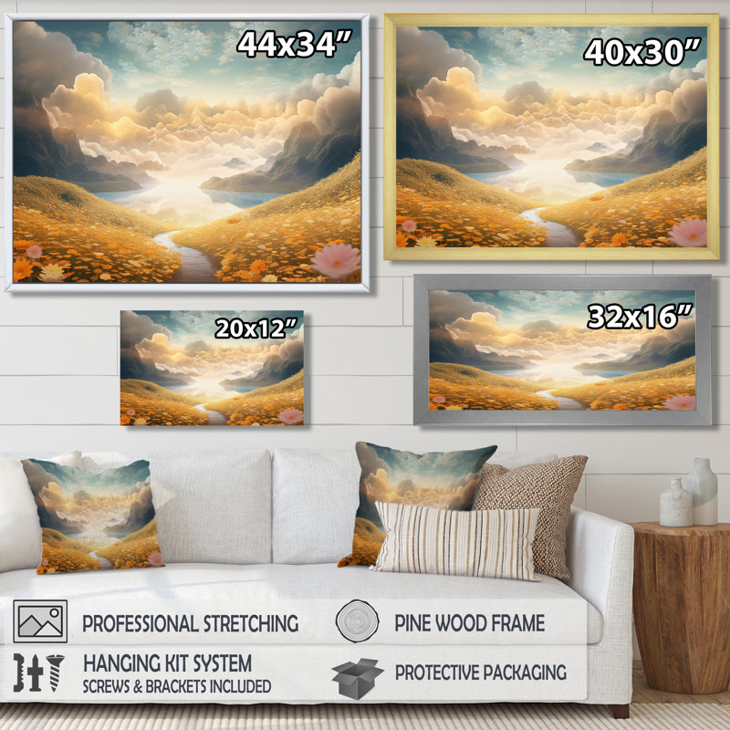 «Pastel Flowerfield Clouds Over Mountain River», art mural fleurs, H 12 po x l 20 po x P 1 po, Toile tendue
