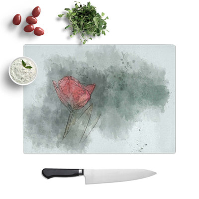 Glass Lone Red Tulip in Abstract Chopping Board