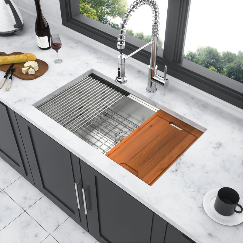 30" Single Bowl Undermount Kitchen Sink In 304 Stainless Steel, Featuring Ledge Workspace, X - Shaped Water Drain, And Thick Pad 30*19*9 Inch Of 16 Gauge Brushed Nickel Appearance, Workstation For