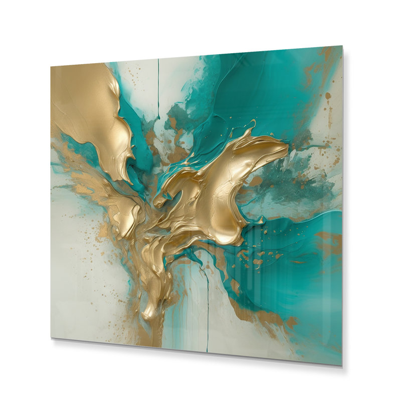 Marbre doré et turquoise Fuild Ink II - art mural abstrait en métal marbré, H 23 po x l 23 po x P 1 po