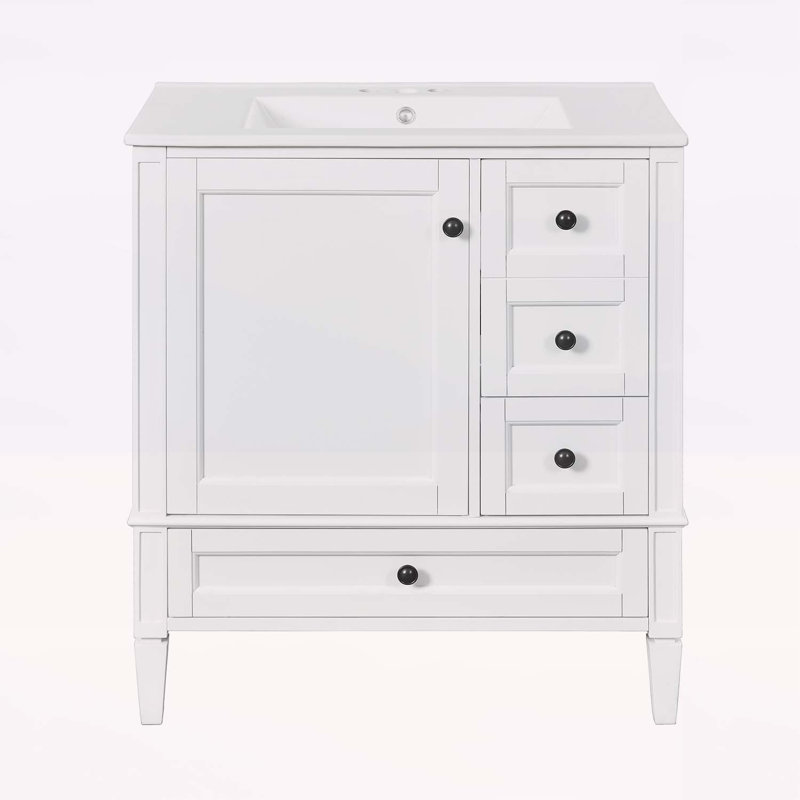 Armoire de salle de bain moderne avec lavabo en céramique, Blanc, Argent argent