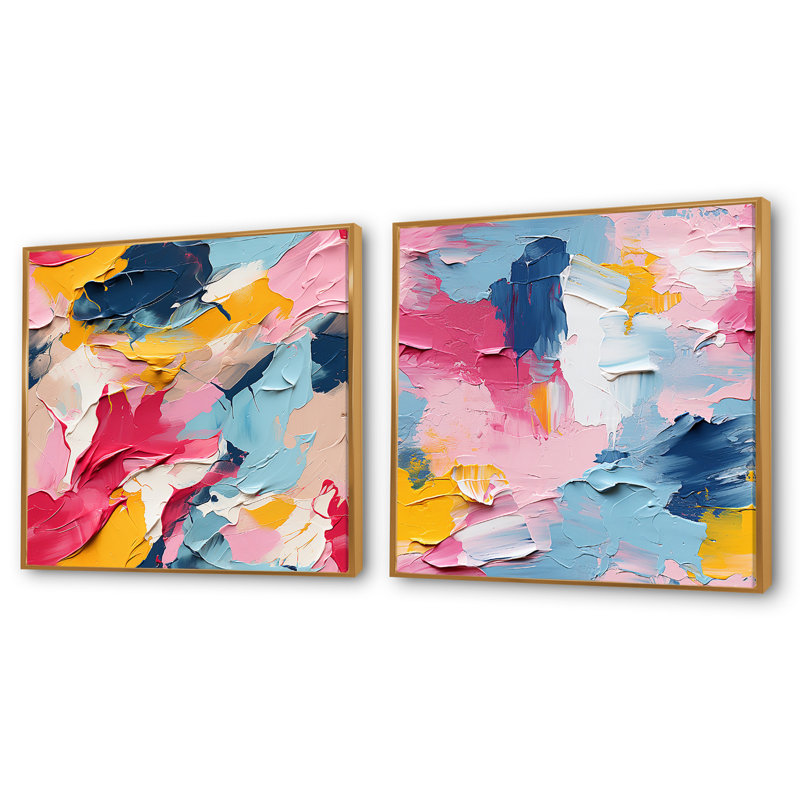 Aquarelle, superposition de rayures bleues et roses - ensemble de 2 collages carrés abstraits, Cadre flottant doré