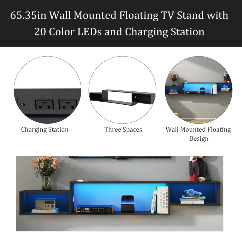 Meuble télé flottant mural 65,35 po avec 20 DEL de couleur et station de charge, Noir