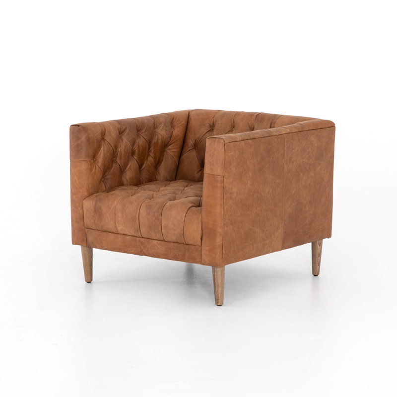 Williams Armchair, Natural Washed Chocolate Genuine Leather, Natural Washed Camel