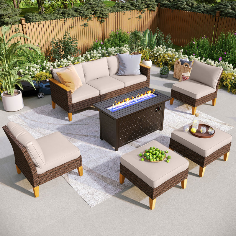 All Weather Wicker/Rattan 7 - Person Seating Group with Cushions, Yes, Beige