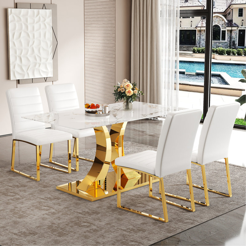 Ensemble de chaises de salle à manger en verre trempé à motif de marbre (décoration dorée): table de salle à manger de 63 pouces + 4 chaises de salle à manger de style minimaliste moderne