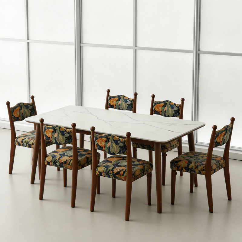 6 - Person White Rectangular Sintered Stone Stone Tabletop Dining Table Set