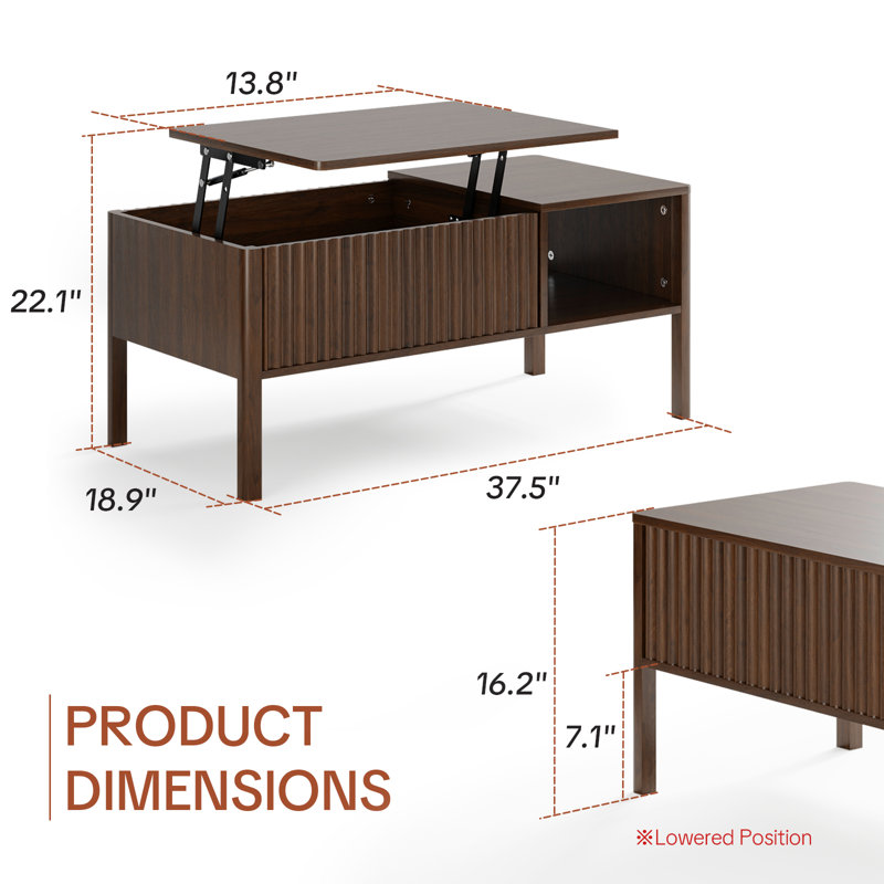 37.5"W Lift Top Coffee Table with Storage Hydraulic Lift Large Capacity, Brown