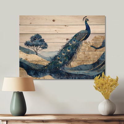 Golden Aqua And Agate Peacock Landscape I - Peacock Animal Wood Wall Decor - On Natural Pine Wood
