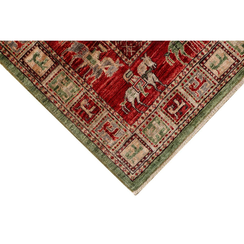 Tapis carré en laine noué à la main de conception unique 5 pi ivoire / rouge / vert
