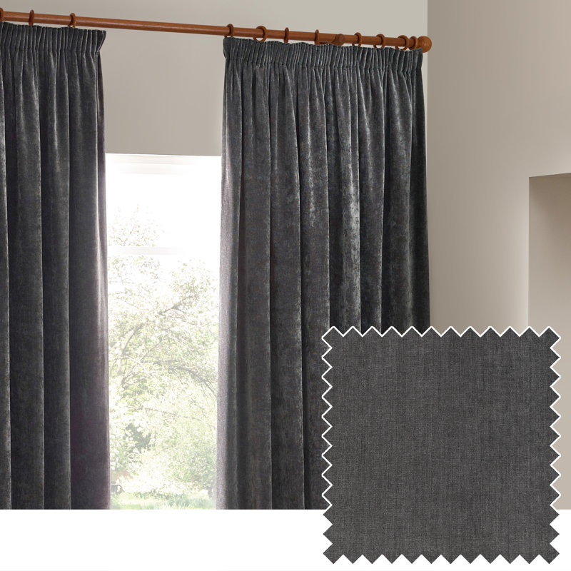 Heavy Chenille Room Darkening Pencil Pleat Curtains, Charcoal, 117 W x 137 D cm