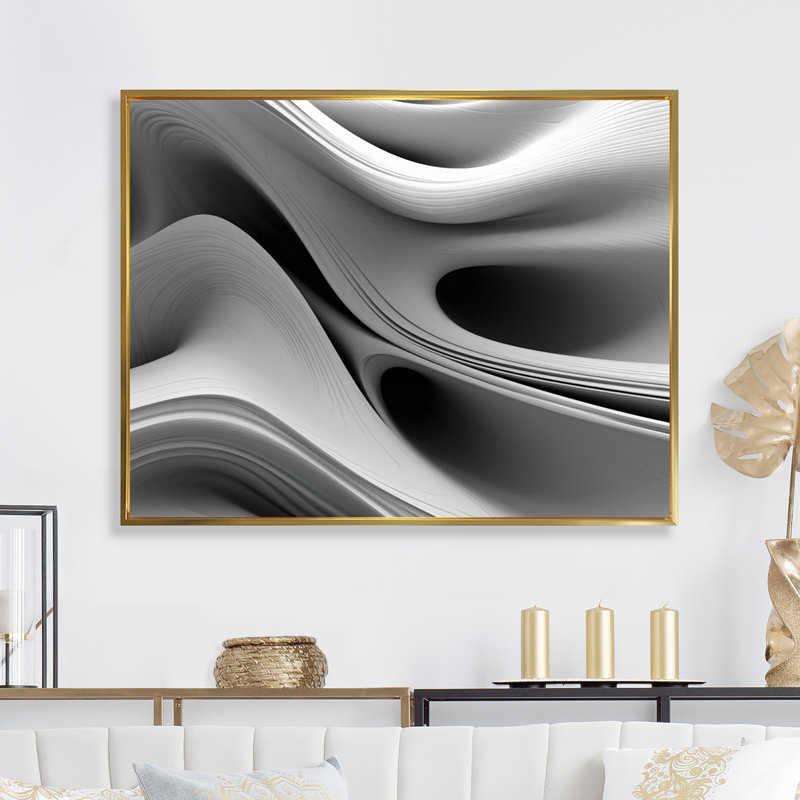 Blanc noir infini ondulations - art mural abstrait vagues modernes pour le salon, Cadre flottant doré