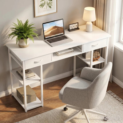 48 inch Computer Desk, 2 Drawers with Central Storage, Dual Side Tiered Shelves, Metal Support Frame for Home Office Study Gaming