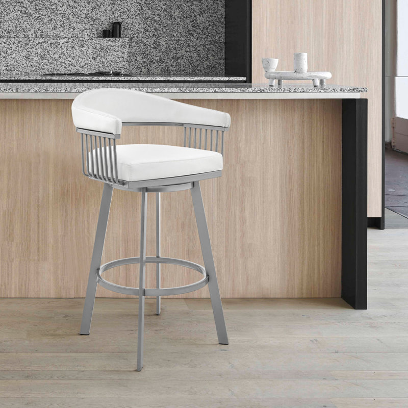 Tabouret de bar pivotant en similicuir Mod, Tabouret de comptoir (siège d'une hauteur de 25 p, Siège blanc / cadre argenté