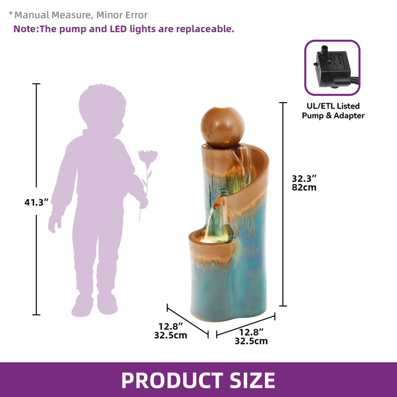 32" Ceramic Outdoor Water Fountain with LED Lights, Cascading Waterfall & 3-Tier Sphere in Teal and Copper Drip-Glaze Finish for Garden Patio Yard Porch Relaxation