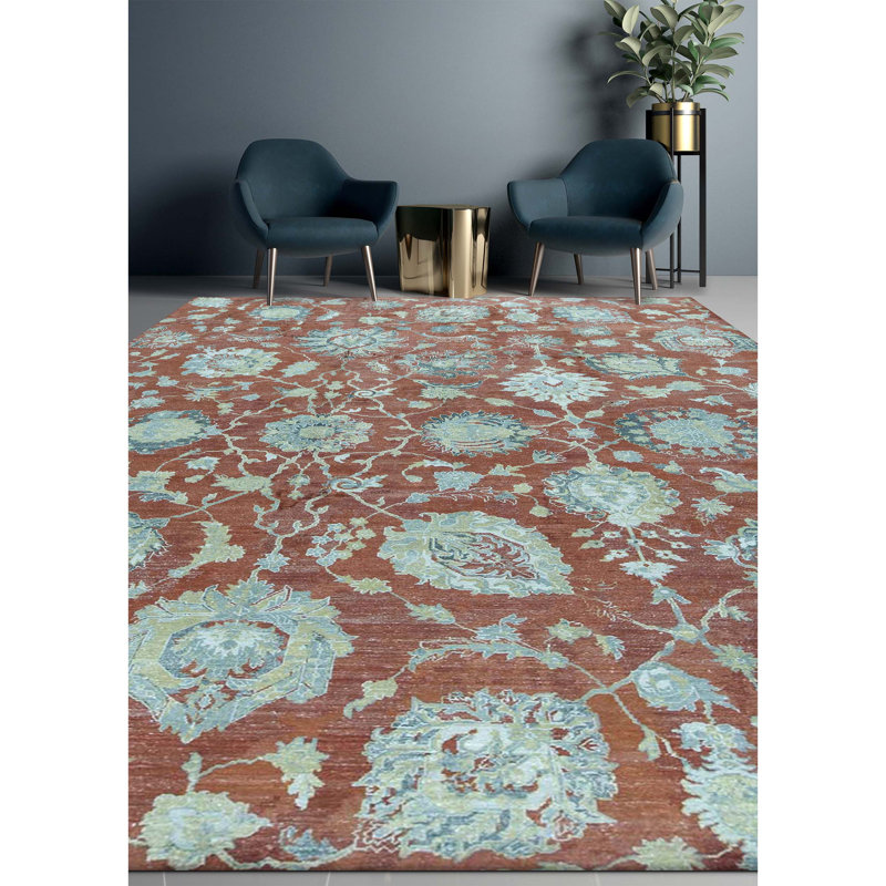 Wool Floral Area Rug in Rust/Blue