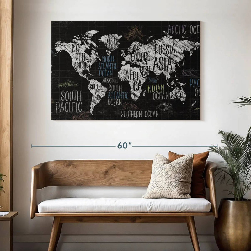 Carte du monde à la craie avec étiquette Aliaz, H 32 po x l 48 po