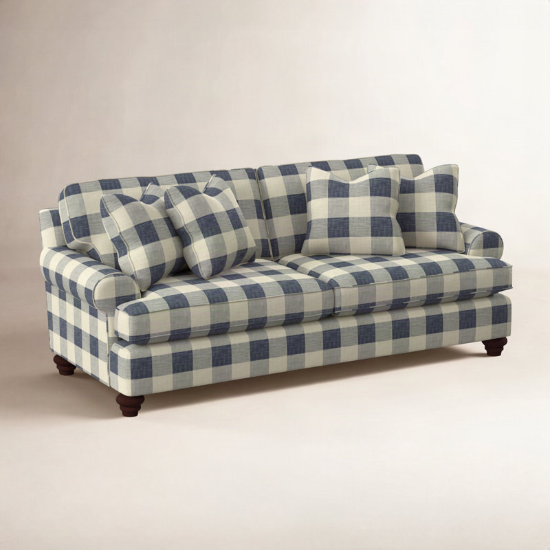Lowell Upholstered 86'' Sofa, Java Finish, Blue Buffalo Check; 0120-61