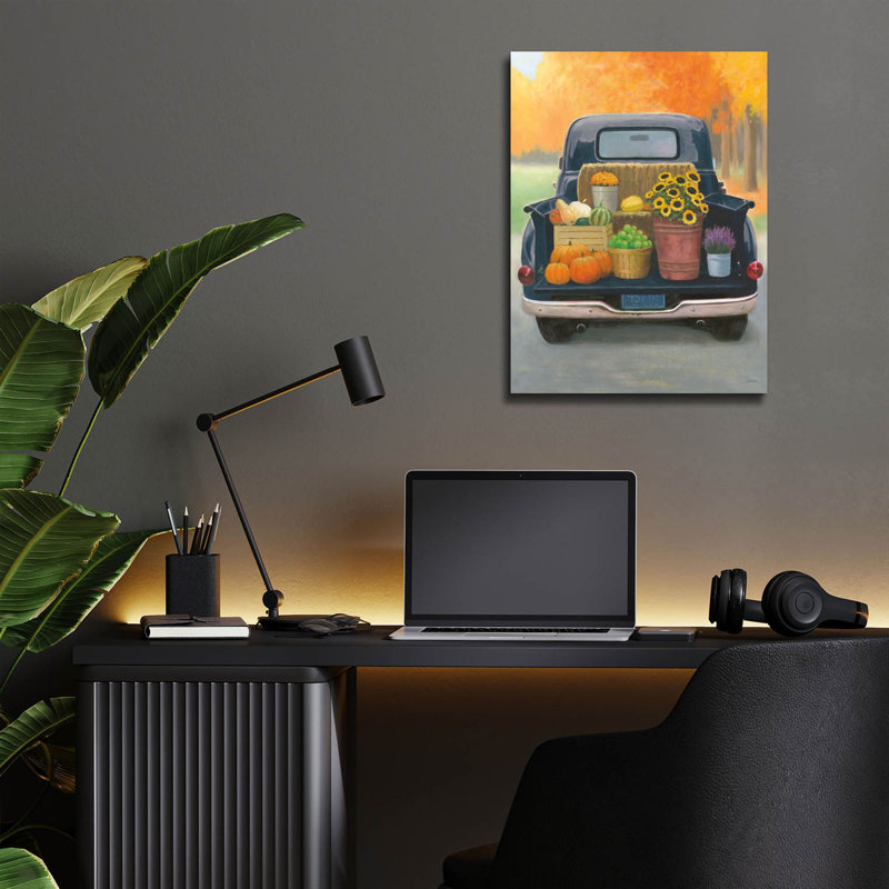 Art mural en verre acrylique 12 po x 16 po «Fall Bounty 3 Truck Navy» par James Wiens