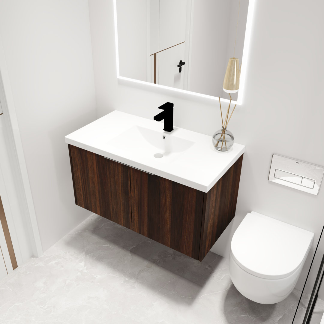 Rowlee 36" Single Sink Wall Mounted Bathroom Vanity,Floating Vanity with 2 Doors and White Resin Basin Sink Top Latitude Run® Base 