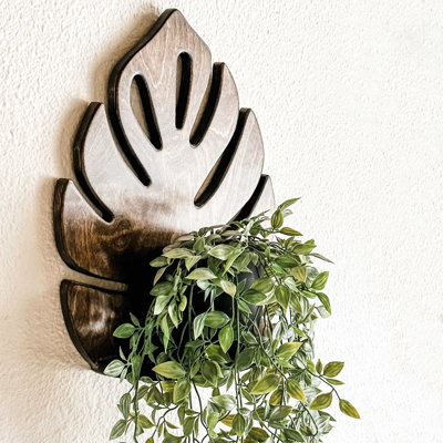 Addora Birch Solid Wood Plant Shelf – Handmade Monstera Leaf Wall Shelf, Boho Farmhouse Décor in Brown or Black
