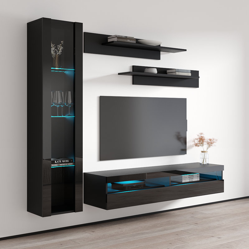 Lineberry 85" Modern Floating Wall Mounted Entertainment Center with 16-Color LED Lighting, High Gloss Finish, Black