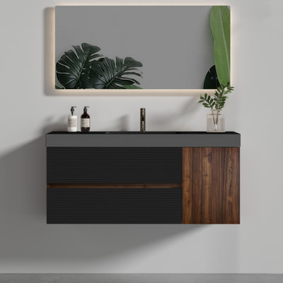 Meuble-lavabo moderne de 48 po de couleur noyer, lavabo noir mat, 1 porte, 2 tiroirs, panneau E1, laque à base d'eau E0, lavabo à comptoir à rebord profond de 4,7 po, installation facile et noir, mur