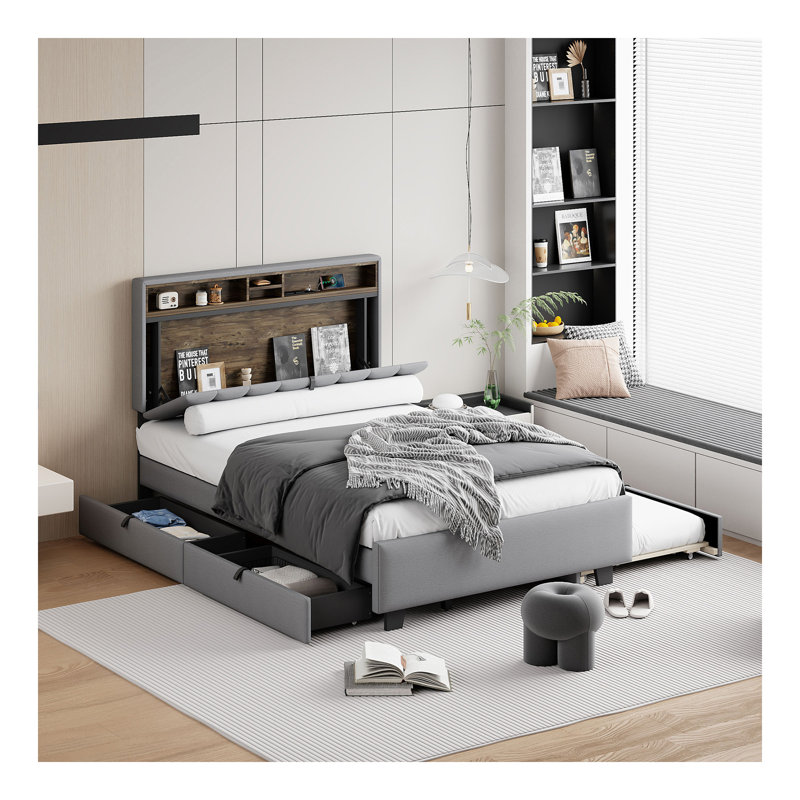 Lit plateforme tapissier double avec tête de lit, lit gigogne simple, 2 tiroirs et un ensemble de prises et ports USB, tissu en lin, gris