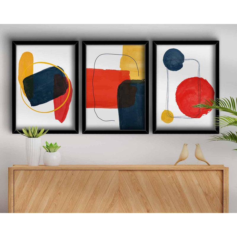 Superbes peintures décoratives en panneau de fibres à densité moyenne (3 pièces), 15,0 x 21,0 pouces chacune | 100% panneau de fibres à densité moyenne (épaisseur: 0,1 po) et cadre 100% bois (épaisseur: 0,9 po) | Rouge vif, moutarde, bleu marine et blanc, parfait pour la décoration intérieure