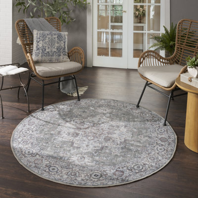 Tapis oriental gris / ivoire en polyester / coton lavable à la machine