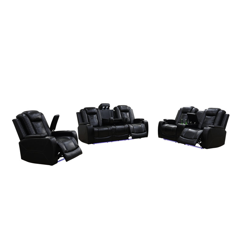 Ensemble de canapé de salon inclinable en cuir végétalien foncé 3 pièces avec porte-gobelets, charge sans fil et lumières DEL Solace