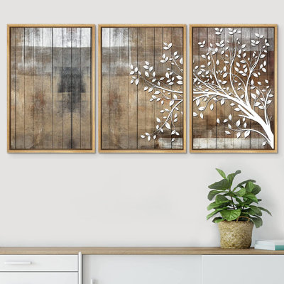 «White Tree Silhouette and Color Blocks», reproduction sur toile flottante 3 pièces