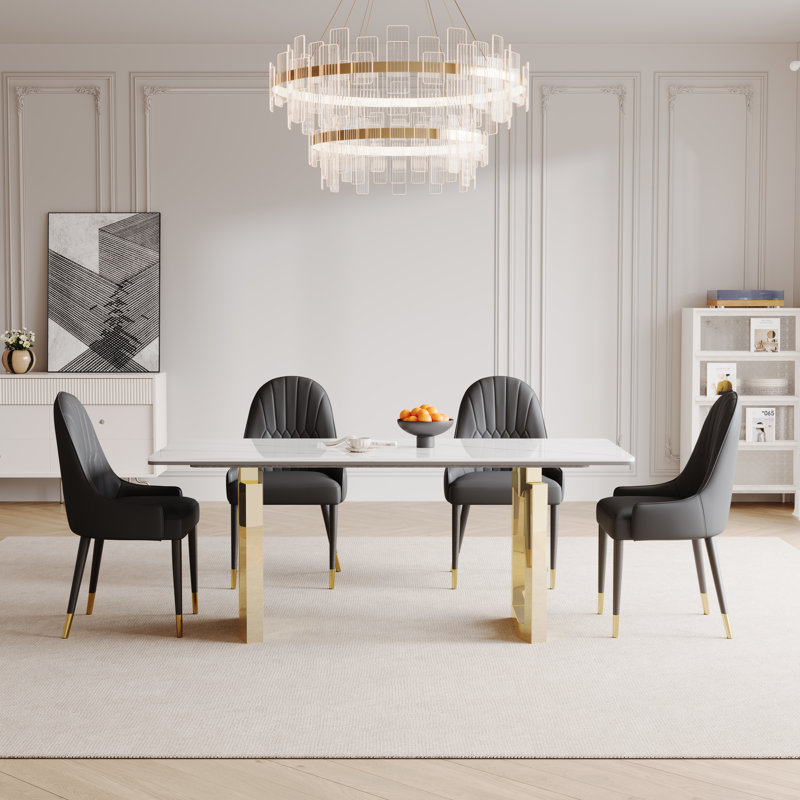 Faux Marble Top Metal Base Dining Table, Gold