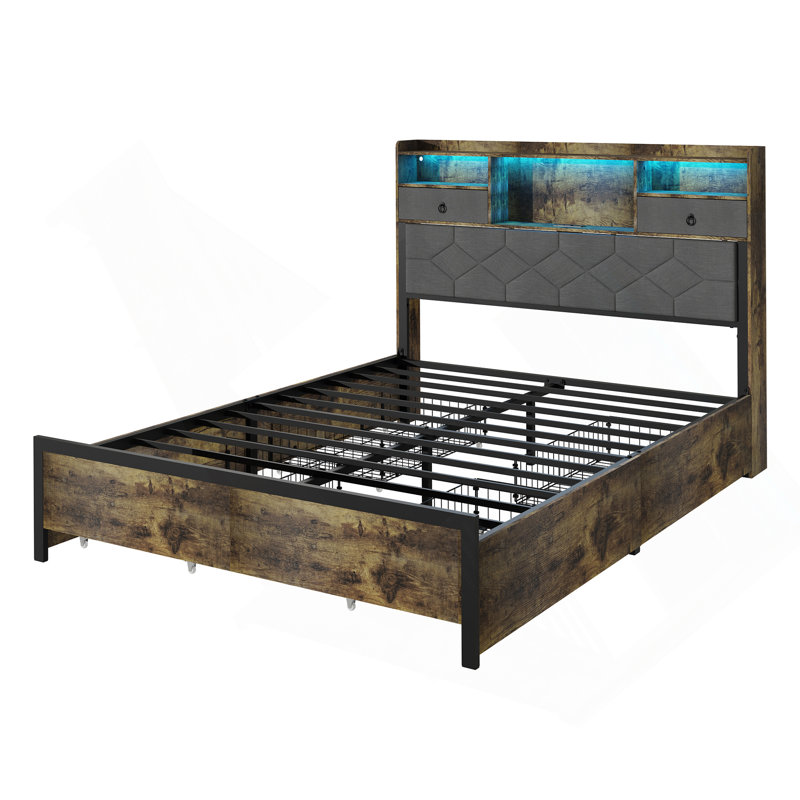 Queen Size Vintage Brown Upholstered Metal Frame Bed with Storage and Charging Station