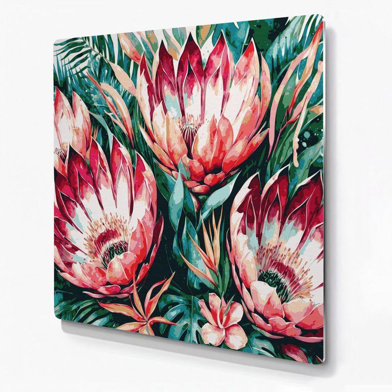Art mural hawaïen en métal brun Protea, H 16 po x l 16 po