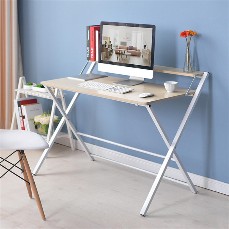 Foldable Steel Computer Desk, Beige/White