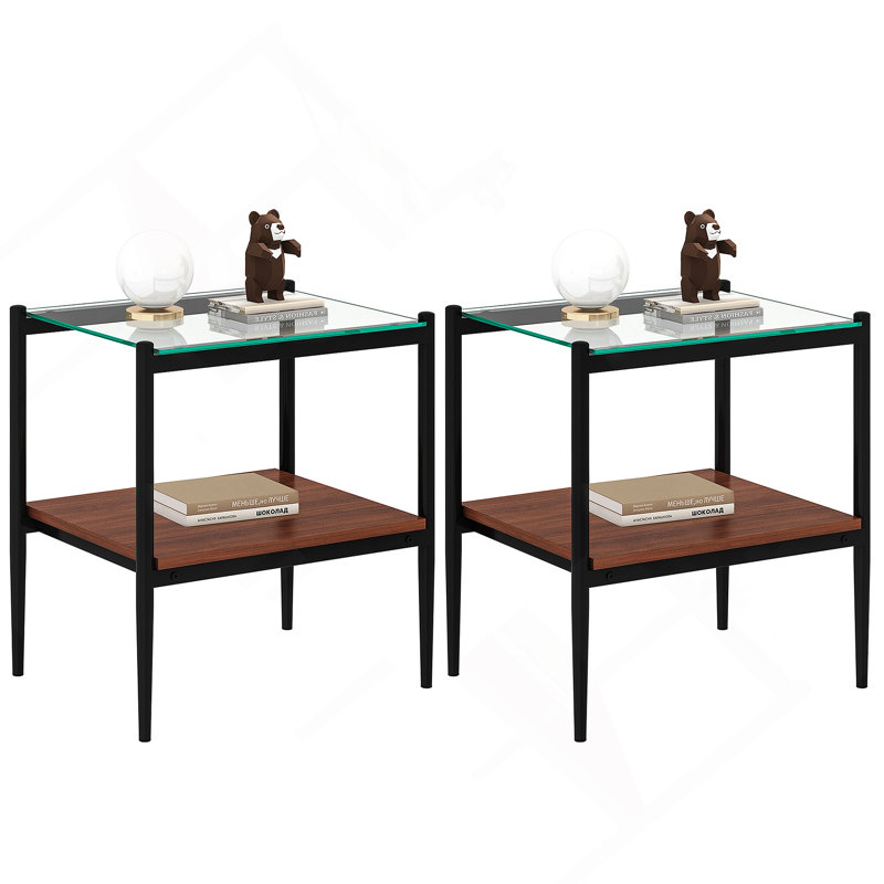 Ensemble de 2 tables de bout rectangulaires, plateau de table en verre trempé avec panneau de fibres à densité moyenne