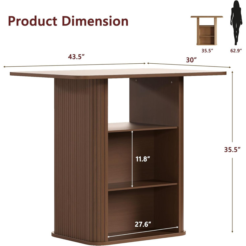 43" Farmhouse Counter Height Kitchen Island Table with 3-Tier Storage, Walnut
