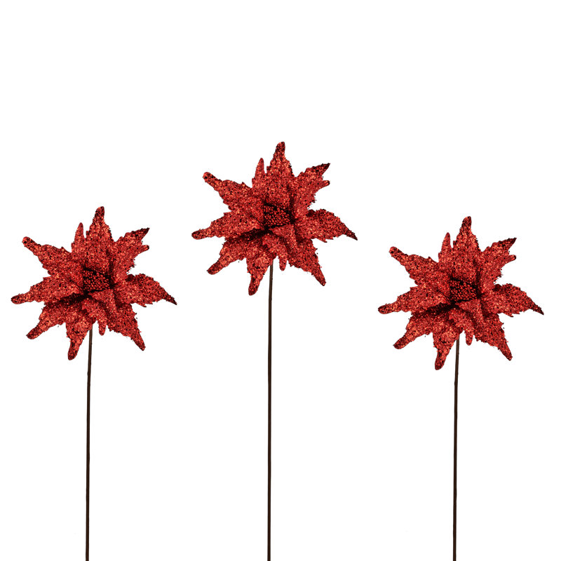 22" Sequin Glitter Poinsettia Stem, Red