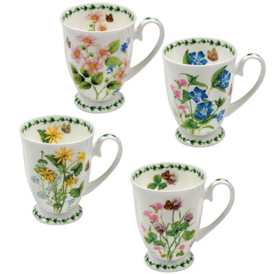 Bone china English Garden Coffee Mugs. Set of 4 Assorted Designs