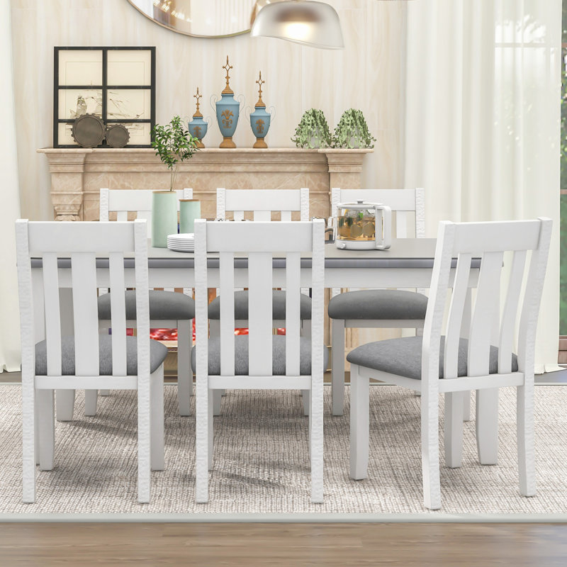 Ensemble de table de salle à manger de style rétro 7 pièces avec table extensible et 6 chaises rembourrées TREXM (gris et blanc)